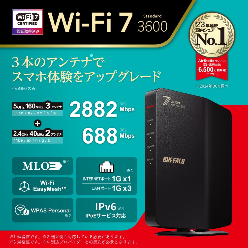 BUFFALO Wi-Fi 7 ルーター WSR-3600BE4P/D8K 31hyQPhMgyL.jpg